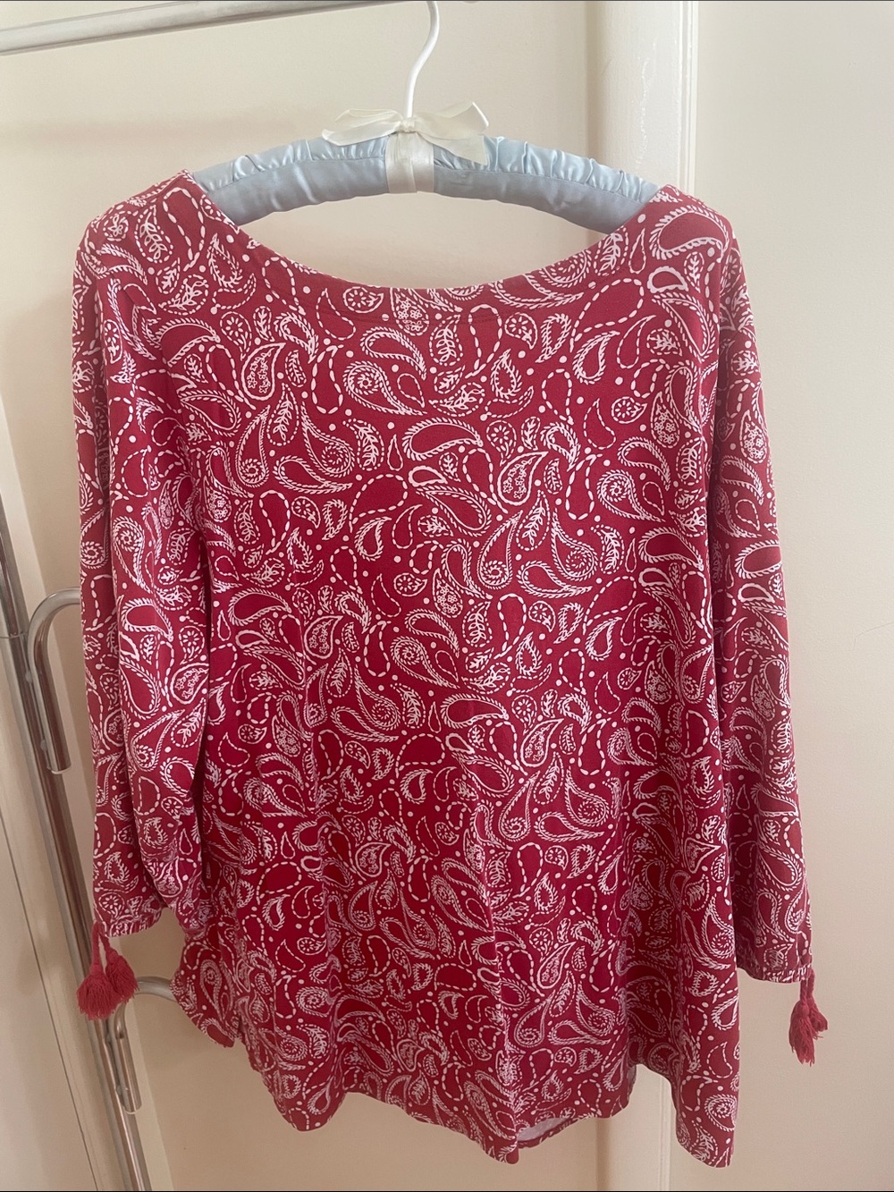 Belle by Kim Gravel Red Paisley Boatneck Tunic with Tassel Cuffs